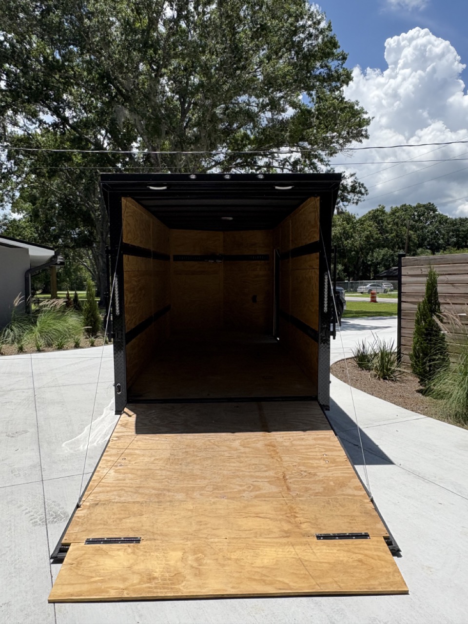 16ft Enclosed Cargo Trailer - Rear Loading View with Ramp Extended